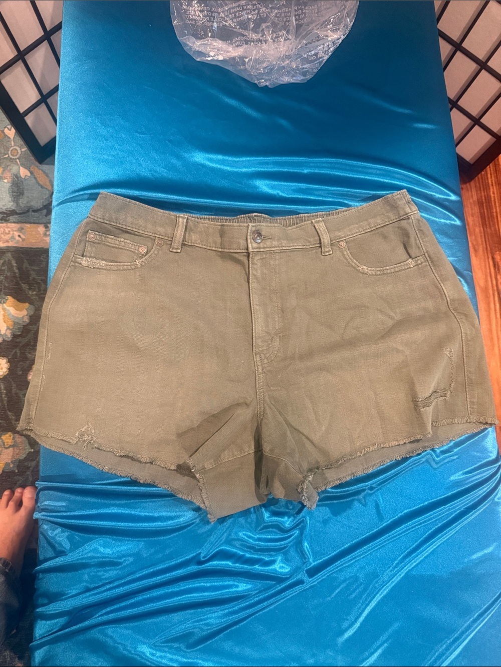 aerie Olive Green Frayed Hem Denim Shorts